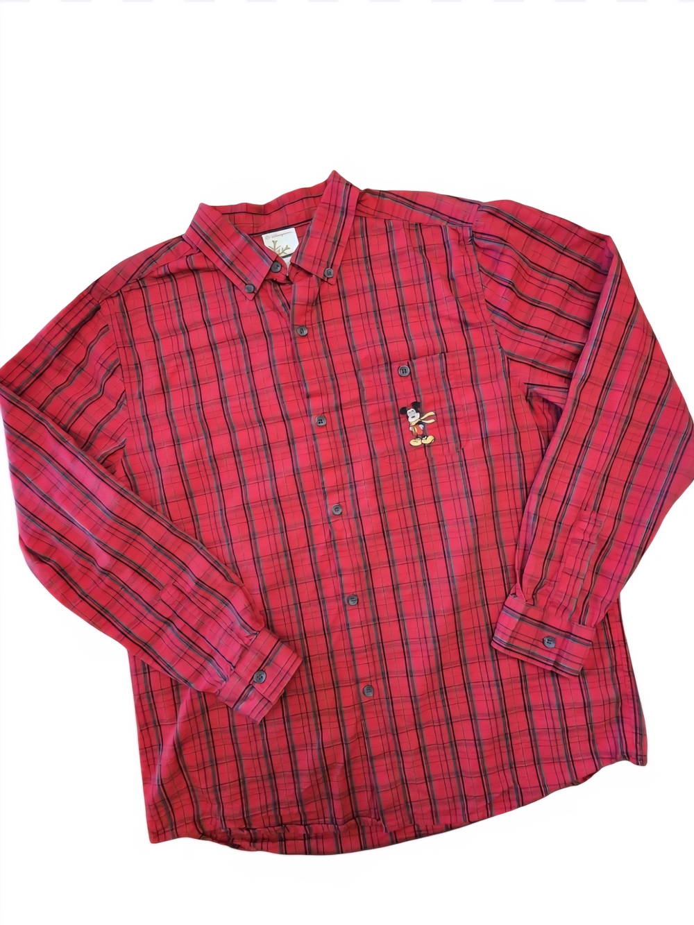 Disney Red Plaid Button-Down Shirt with Embroidered Mickey Sz M